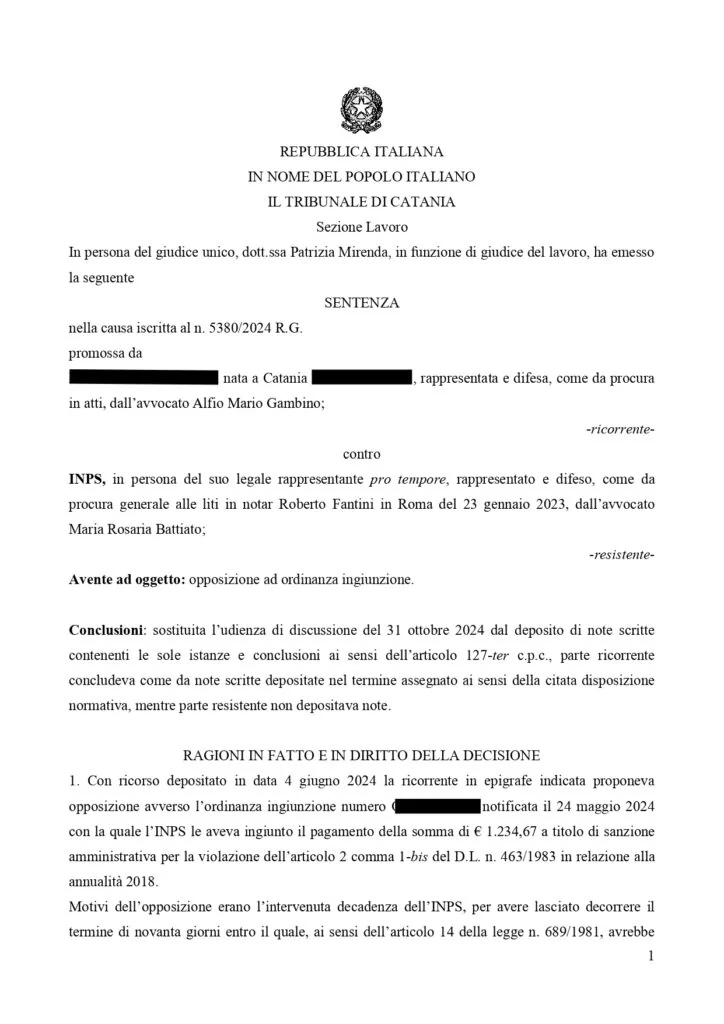 Documento: 12198410s, pagina 1 — 4 ORDINANZE INGIUNZIONE ANNULLATE. INPS CONDANNATA