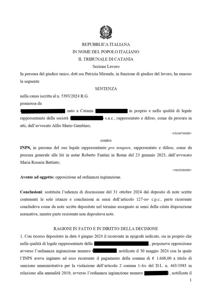 Documento: 23025774s, pagina 1 — 4 ORDINANZE INGIUNZIONE ANNULLATE. INPS CONDANNATA
