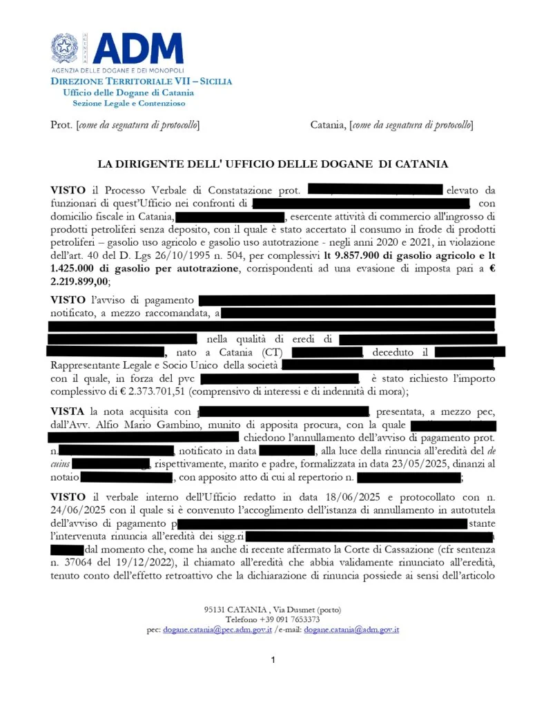 Documento: ANNULLAMENTO, pagina 1 — Rinucia all'eredità e Debiti Fiscali