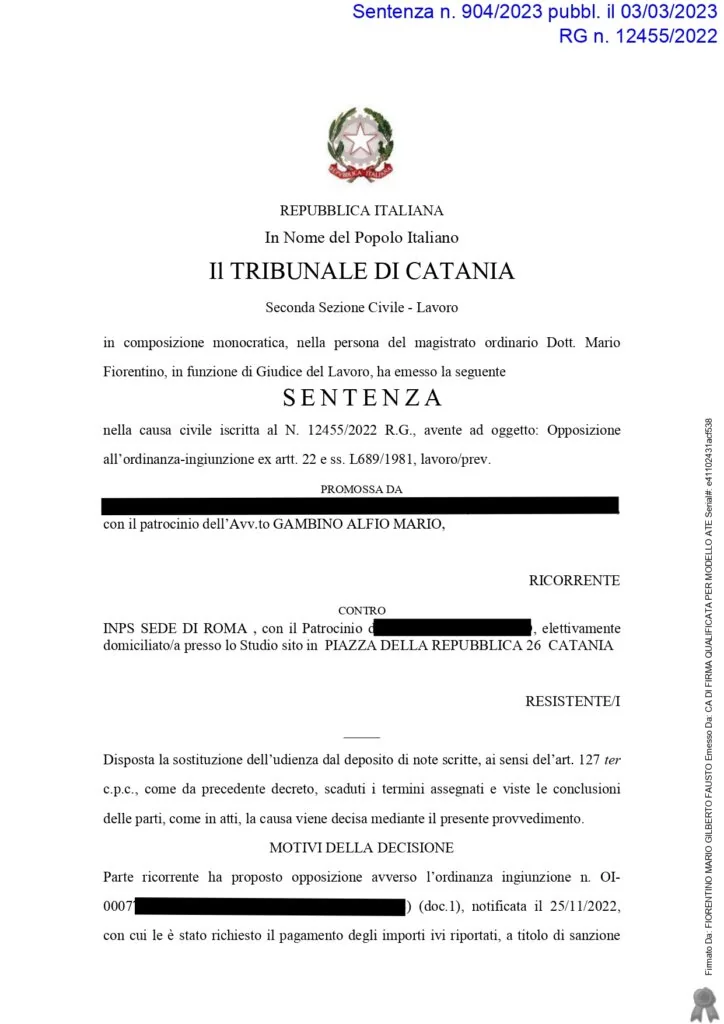 Sentenza: 904 23, pagina 1 — PRIMO ANNULLAMENTO PER DECADENZA DELLE ORDINANZE I