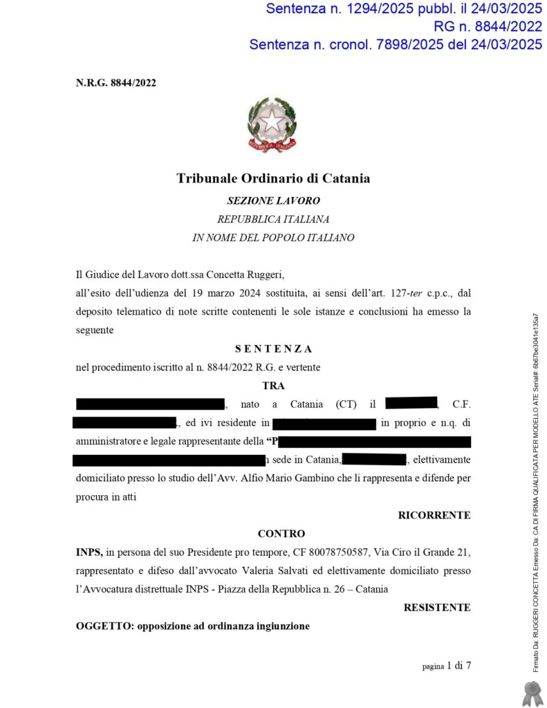 Sentenza: N. 1294, pagina 1 — ORINANZE INGIUNZIONI INPS - € 146.000,00 ANNULLATI