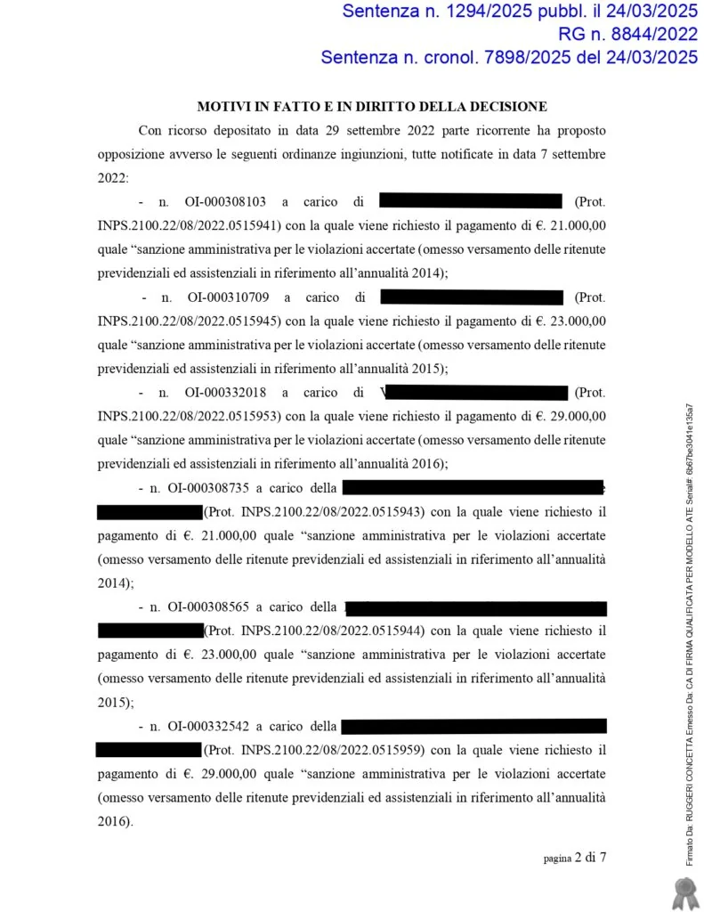 Sentenza: N. 1294 2025, pagina 2 — ORINANZE INGIUNZIONI INPS - € 146.000,00 ANNULLATI
