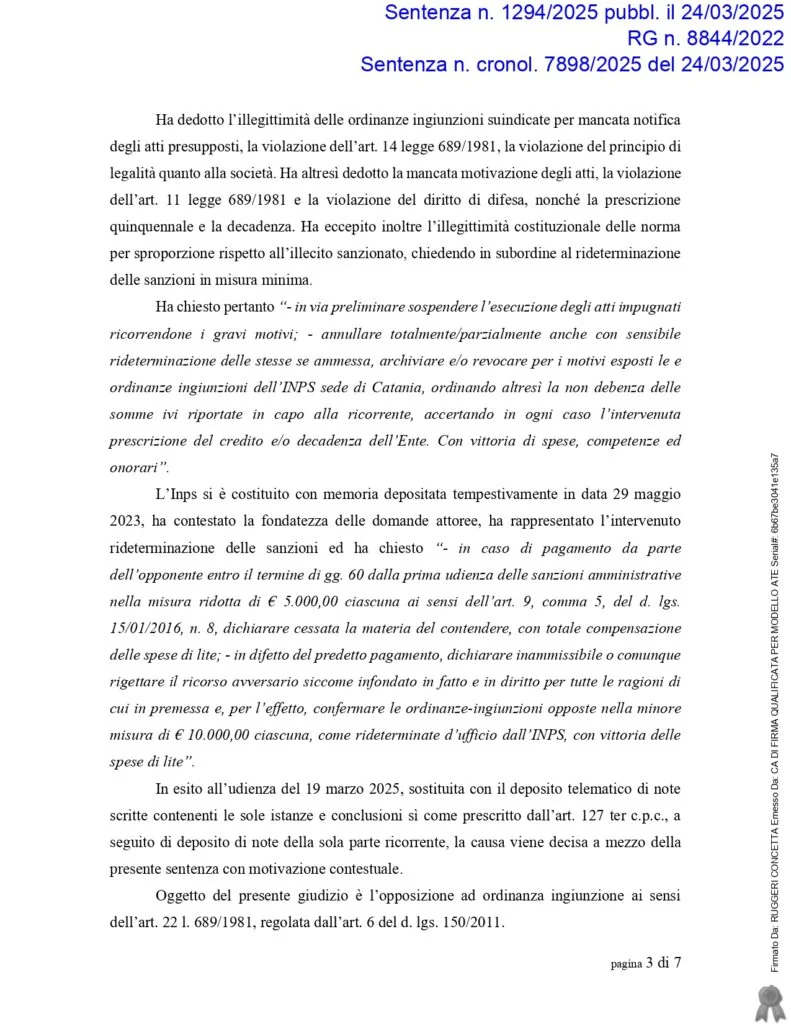 Sentenza: N. 1294, pagina 3 — ORINANZE INGIUNZIONI INPS - € 146.000,00 ANNULLATI