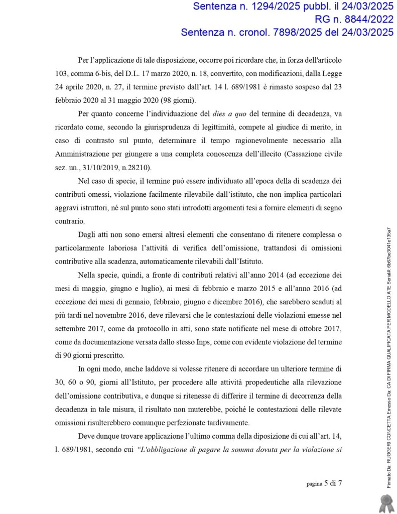 Sentenza: N. 1294, pagina 5 — ORINANZE INGIUNZIONI INPS - € 146.000,00 ANNULLATI