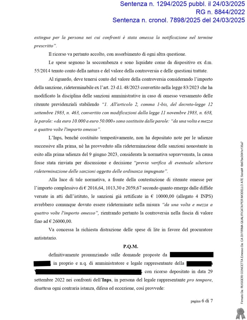 Sentenza: N. 1294, pagina 6 — ORINANZE INGIUNZIONI INPS - € 146.000,00 ANNULLATI