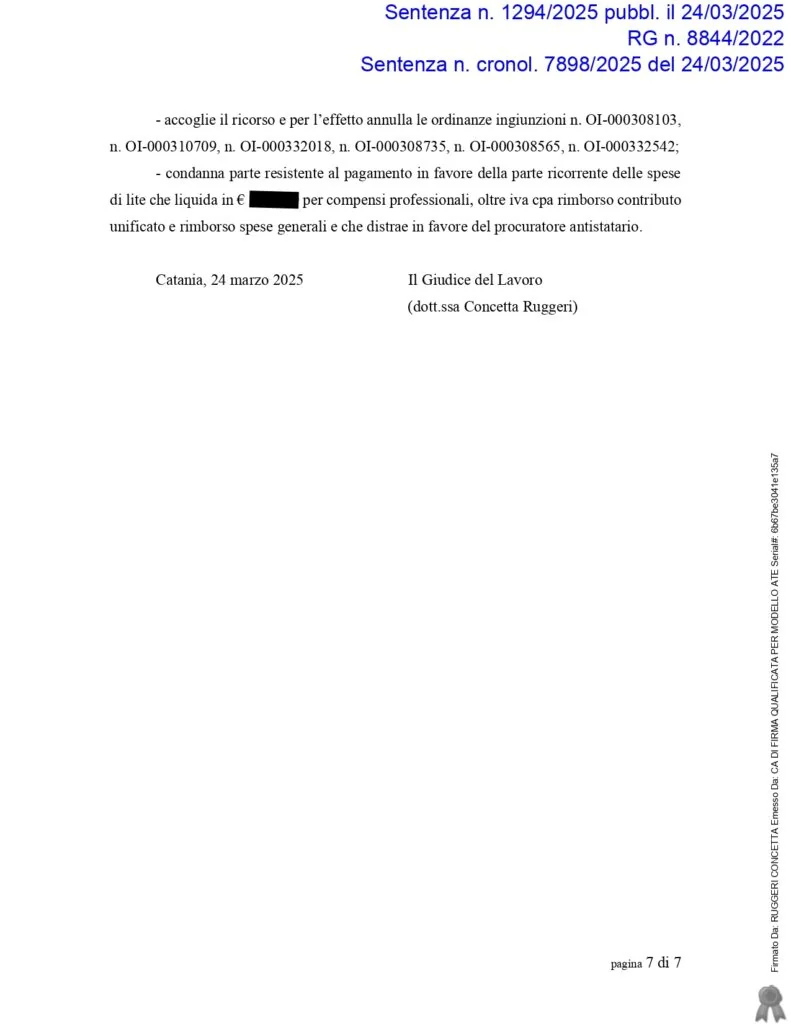 Sentenza: N. 1294, pagina 7 — ORINANZE INGIUNZIONI INPS - € 146.000,00 ANNULLATI