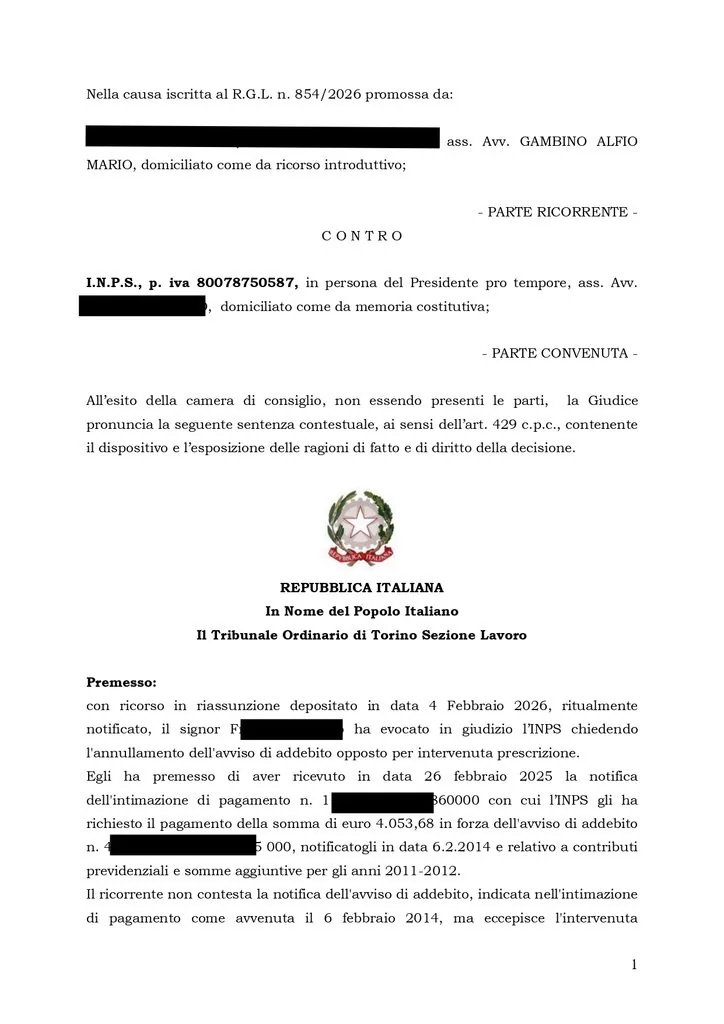 sentenza torino prescrizione contributi INPS