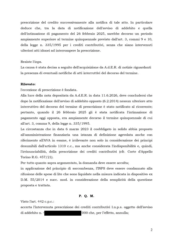 sentenza torino prescrizione contributi INPS