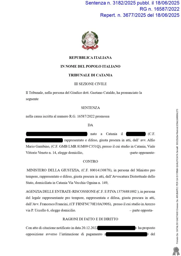 Sentenza: SCONTRINO, pagina 1 — TRIBUNALE ORDINARIO DI CATANIA - PRESCRIZIONE MULT