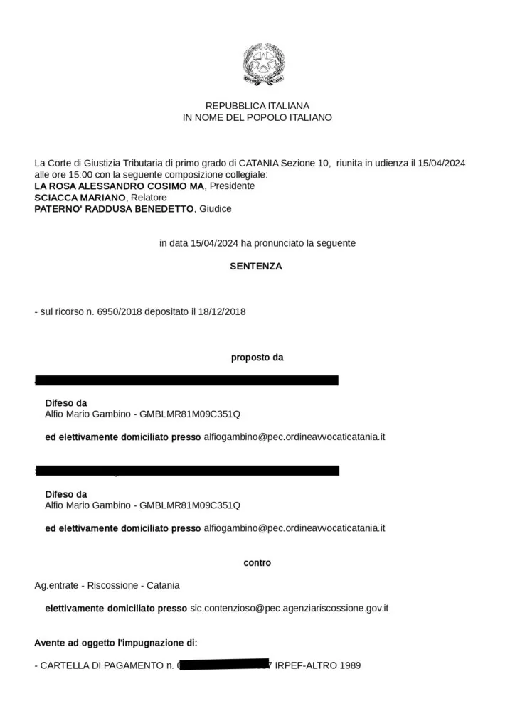 Sentenza, pagina 1 — L'AGENZIA DELLE ENTRATE RISCOSSIONE DEVE RESTITUIR