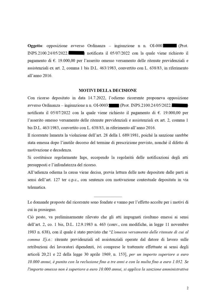 Sentenza, pagina 2 — ORDINANZA INGIUNZIONE DA €19.000,00. ANNULLAMENTO