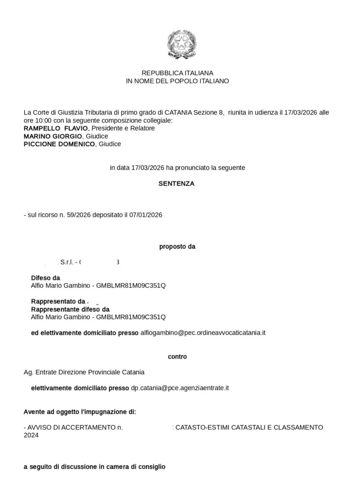 Sentenza: RG 000059 2026 UD 17032026, pagina 1 — Rettifica Rendita Catastale