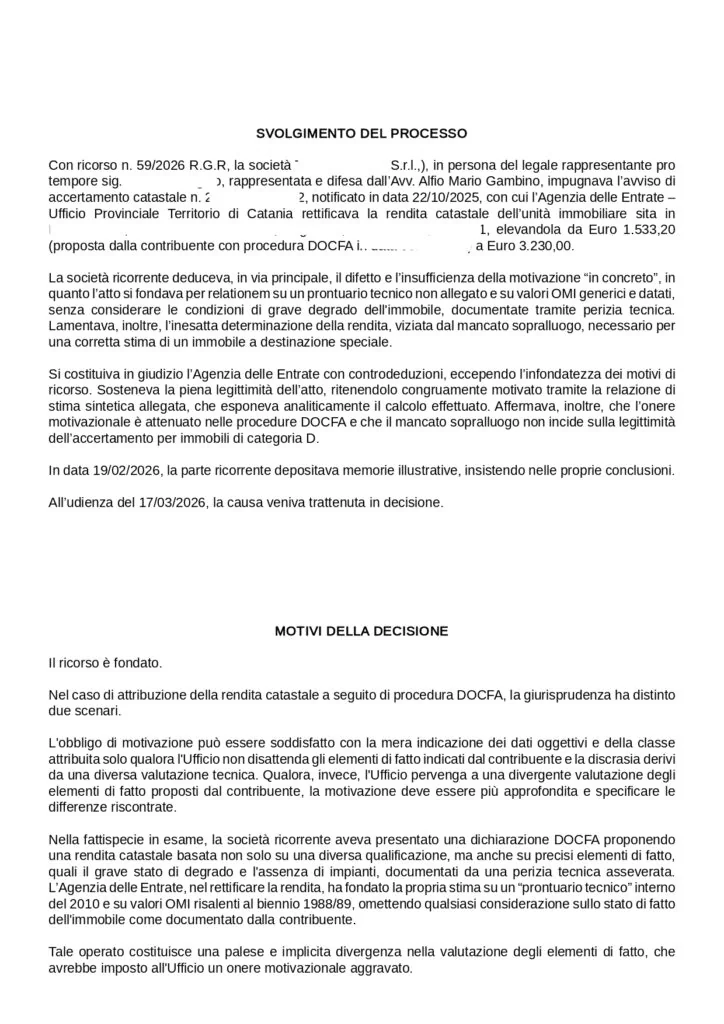 Sentenza: RG 000059 2026 UD 17032026, pagina 2 — Rettifica Rendita Catastale