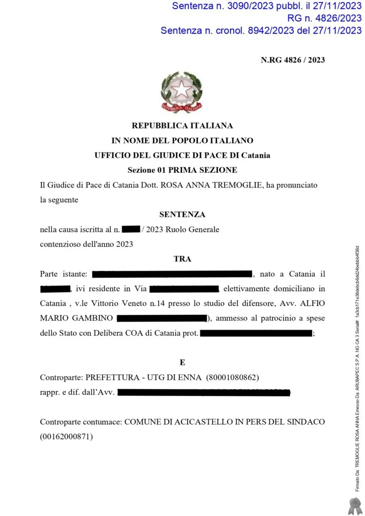 Sentenza, pagina 1 — ANNULLATE OLTRE 5 MILA EURO DI SANZIONI AL CODICE