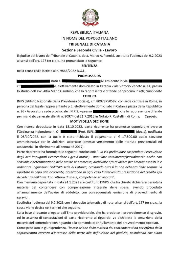 Sentenza, pagina 1 — ORDINANZA INGIUNZIONE INPS 2017 DI € 17.500,00 ANN